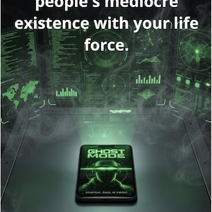 May include: A futuristic-themed image with the text "You are funding other people's mediocre existence with your life force." A smartphone displays "GHOST MODE" and the words "DISAPPEAR, BUILD, RE-EMERGE." The bottom reads "STOP PERFORMING. START DISAPPEARING."