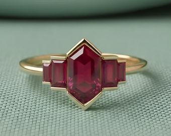 Ruby Geometric Art Deco Ring in Gold | Red Emerald Cut Gemstone Engagement Ring | Unique Vintage Promise Ring | Statement Jewelry Gift