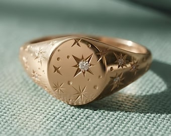 Unique Diamond Celestial Signet Ring, 14k Solid Gold Star & Moon Dome Ring, Family Crest Ring, Personalized Jewelry, Signet Ring For Her