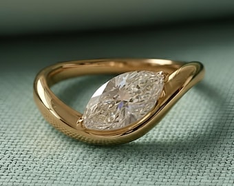 Marquise Cut Moissanite Solitaire Engagement Ring, Thick Curved Band Anniversary Ring, East West Set Marquise Ring, Floating Basket Ring