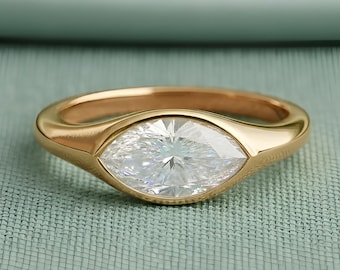 East-West Marquise Moissanite Ring, Sterling Silver Bezel Set Solitaire