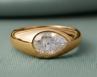 Pear Moissanite Signet Ring | 14K Gold, Handmade Art Deco Style