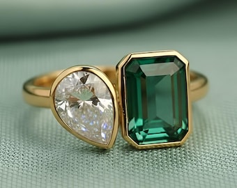 14K Gold Toi et Moi Ring, Pear Moissanite & Lab Emerald, Two Stone Ring