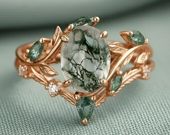 Art Deco Moss Agate Engagement Ring Set, Yellow Gold Leaf Cluster