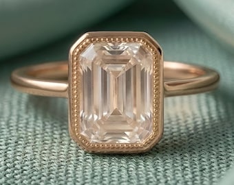 Emerald Cut Moissanite Solitaire Ring, Bezel Set Engagement Ring, Art Deco Style, Sterling Silver