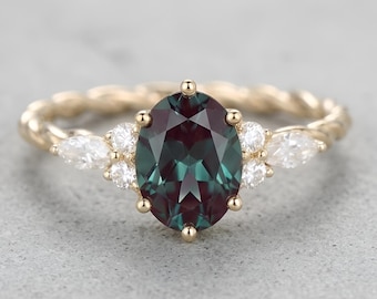 Alexandrite Engagement Ring, Oval Color Change Stone Ring, Gold Twisted Band Ring, Vintage Inspired Bridal Jewelry Ring, June Birthstone