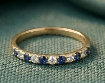 Blue Sapphire Diamond Wedding Band, 925 Sterling Silver Half Eternity Band, Dainty Bridal Band, Delicate Stackable Band, Anniversary Present