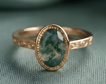 14kt Solid Gold Vintage Oval Moss agate Engagement Ring • Bezel Set Gold Solitaire, Milgrain Ring, Floral Engraved Band Ring, Oval Ring