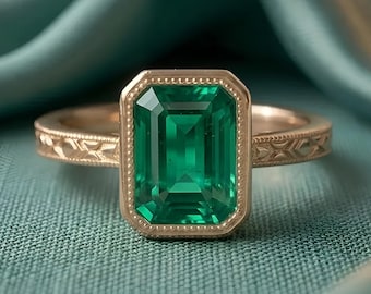 14k Emerald Cut Emerald Solitaire Ring Bezel Set Engagement Ring,Antique Gold Floral Band Diamond Wedding Ring,Anniversary Gift For Women