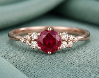 Ruby Engagement Ring Rose Gold, 14k Rose gold 6 prong Round Cut Ruby Ring, Vintage Inspired Promise Ring, Dainty Bridal Ring for Women