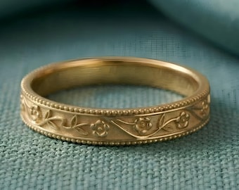 2.2MM Solid Gold Birth Flower Ring Natural Inspired Leaf Wedding Band Art Deco Handmade Engraved Wedding Band Minimalist Ring Gift For Her