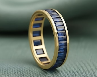 Baguette Blue Sapphire Eternity Band, Full Eternity Sapphire Gemstone Wedding Band, Solid Gold Silver Stacking Ring, September Birthstone