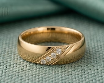 Men’s Gold Band with Round Moissanite Accents, 14K Solid Gold Ring, Minimalist Wedding Band, Promise Ring, Art Deco Unisex Jewelry Gift
