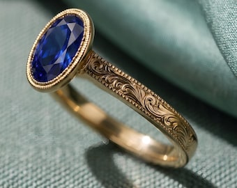 2CT Blue Sapphire Ring 925 Sterling Silver Solitaire, 14K Gold Vermeil Blue Gemstone Ring, Sapphire Engagement Ring Anniversary Gift for Her