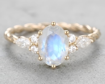 Oval Moonstone engagement ring 14K gold engagement ring Vintage engagement ring Marquise diamond twisted Band ring Anniversary promise ring