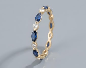 Wedding ring band women Moissanite wedding ring Yellow gold Marquise cut Lab Blue Sapphire stacking matching Full eternity Promise Band Ring