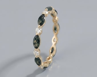 Moss Agate and Diamond Eternity Band Ring in 14K Gold, Marquise Moss Agate Wedding Band, Unique Stacking Ring, Nature Inspired Promise Ring