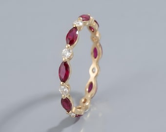 Wedding ring band women Moissanite wedding ring Yellow gold Marquise cut Lab Ruby  stacking matching Full eternity Bridal Promise Ring