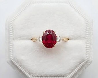 Oval Ruby Engagement Ring with Side Two Pear Diamonds, Three Stone Gold Ring, July Birthstone Ring, Dainty Promise Ring, Unique Bridal Ring