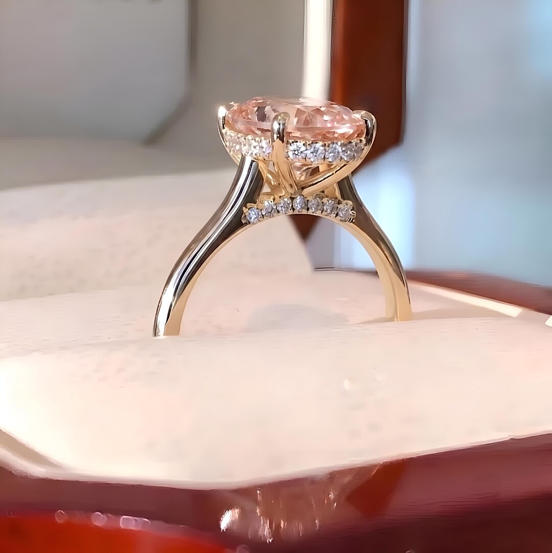 14K Solid Gold 2 CT Oval Cut Morganite Engagement Ring, Hidden Halo ...