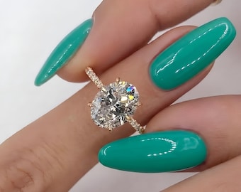 3 CT Oval Moissanite Engagement Ring: 14K Gold Hidden Halo Solitaire For Her