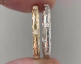 14k Solid Gold Band Ring CZ North Star Ring Starburst Gold Ring Inset Moissanite Star Ring Statement Ring Promise Ring Wedding Gift Band