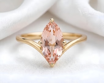 2 CT Peach Morganite Ring Gold, Marquise Cut Engagement Ring, Dainty Promise Ring, Minimalist Bridal Ring for Women