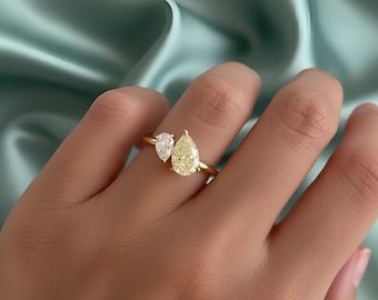 1.5CT Pear Cut Toi Et Moi Engagement Ring, Moissanite Bridal Ring, Two Stone Wedding Ring, Yellow Citrine Bridal Ring, You & Me Ring For Her