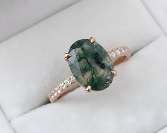 2CT Oval Moss agate Engagement Ring, Hidden Halo Bridal Ring, 10K Solid Gold Oval Solitaire Ring, Promise Ring Gift, Anniversary Gift Ring
