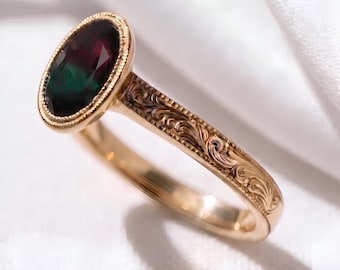 2CT Antique Oval Dark Watermelon Tourmaline Milgrain Bezel Set Ring 925 Sterling Silver Solitaire, 14K Gold Dark Pink-Green Gemstone Ring