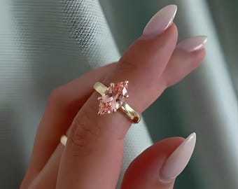 Marquise Cut Morganite Ring 2.50 Carat 14K Yellow Gold Thick Band Vintage Solitaire Engagement Gift for Her Morganite Promise Ring Handmade