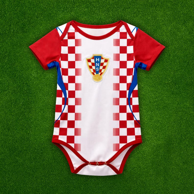 Puede incluir: Un body para beb&eacute; con los colores de la selecci&oacute;n croata. El body blanco tiene detalles a cuadros rojos y blancos en los laterales y mangas rojas. El escudo de armas croata est&aacute; centrado en el pecho.