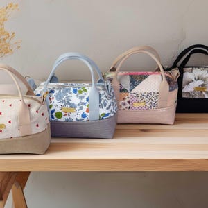 Handmade Mini Duffle Bag, Vegan Leather & Fabric, Zip Top Handbag, Patchwork Bag, Everyday Bag, Gift for Her