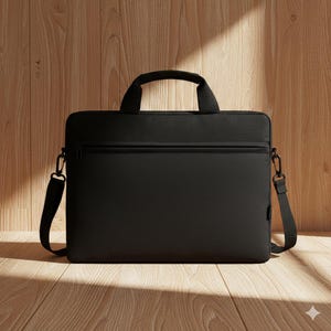 May include: A black laptop bag with a handle and a detachable shoulder strap. The bag features a zipped front pocket and is made of a durable material. The bag is on a wooden surface.