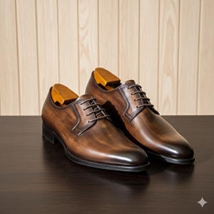 May include: A pair of brown leather Oxford shoes with wooden shoe trees. The shoes have a classic design with laces and a polished finish. They are displayed on a dark surface against a light wood panel background.