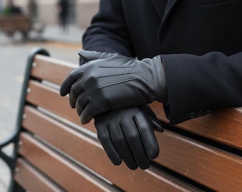 Men's Black Sheepskin Leather Gloves — Warm Winter Driving  for  Durable & Stylish