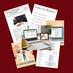 Peut inclure: Image promotionnelle pour Travaux Consulting, avec des documents, un ordinateur portable et une tablette. Les documents incluent une table des matières et un guide intitulé "Pack Sérénité Travaux". L'image a un fond rouge et inclut l'adresse du site web.