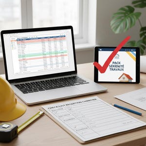 Peut inclure: Un ordinateur portable et une tablette affichant des données et des documents de construction sont posés sur un bureau en bois. Un casque jaune, un mètre ruban et une liste de contrôle sont également présents. La tablette affiche le texte "PACK SÉRÉNITÉ TRAVAUX".