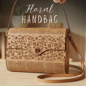 May include: A light brown wooden handbag with a floral design and a long, thin, brown strap. The bag has a rectangular shape with a clasp closure. The text "Floral HANDBAG" is written in white script across the top of the image.