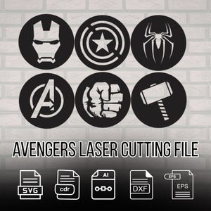 Peut inclure: Conception de fichier de découpe laser Avengers en noir et blanc. Comprend Iron Man, Captain America, Spider-Man, le logo des Avengers, le poing de Hulk et le marteau de Thor. Formats de fichiers : SVG, CDR, AI, DXF et EPS.