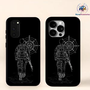 May include: Black phone cases with a white line drawing of a person with a backpack and rifle, walking away from the viewer. A compass design is behind the person. The cases have the Nova Accessories logo.