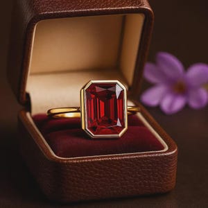 May include: A gold ring with a large, rectangular, deep red gemstone, set in a gold bezel. The ring is displayed in a brown leatherette jewelry box with a red velvet interior. A purple flower is blurred in the background.