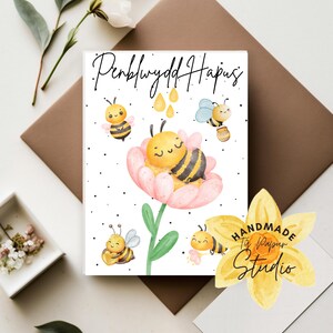 Penblwydd Hapus|Welsh Birthday card with bumble bee watercolour design|Handmade in Wales