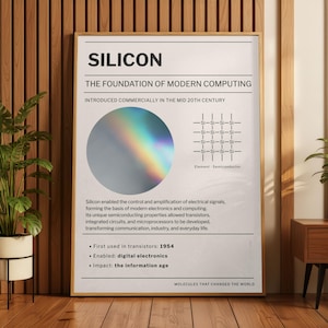 May include: A framed poster titled "SILICON" detailing its role in modern computing. The poster features a diagram of silicon atoms and explanatory text. The poster is in a wooden frame, displayed against a wooden panelled wall.