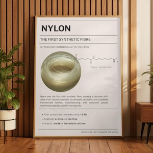 May include: A framed poster with the word "NYLON" at the top, and the text "THE FIRST SYNTHETIC FIBRE". The poster includes a diagram of a nylon fiber and text describing its impact on textiles and manufacturing.
