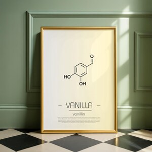 May include: A framed print featuring the molecular structure of vanillin, the primary component of vanilla. The black and white graphic is set against a gradient background and includes the word "VANILLA" and the chemical formula.