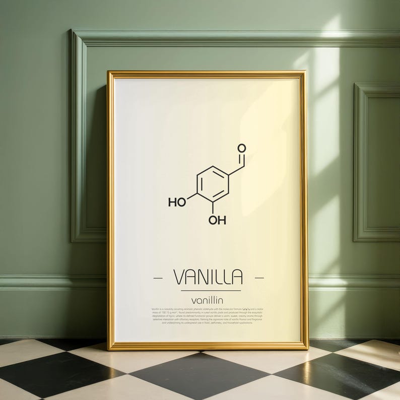 May include: A framed print featuring the molecular structure of vanillin, the primary component of vanilla. The black and white graphic is set against a gradient background and includes the word "VANILLA" and the chemical formula.