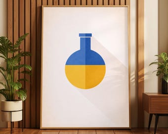 Bauhaus Chemistry Print, Round Bottom Flask Poster, Minimalist Blue Yellow Art