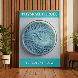Könnte beinhalten: Ein gerahmter Kunstdruck mit den Worten "PHYSICAL FORCES" und "TURBULENT FLOW". Das Kunstwerk zeigt ein kreisförmiges Design mit wirbelnden blauen und weißen Mustern, die an Fluiddynamik erinnern. Der Rahmen ist hellbraun.