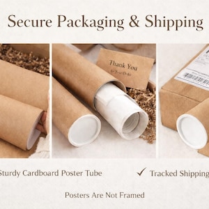 May include: Image showcasing secure packaging for posters. Includes sturdy cardboard poster tubes and a shipping box. The image also shows a thank you note and the text "Posters Are Not Framed".
